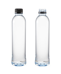 Two plastic bottle of water close and open caps isolated on a white background