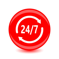 Open around the clock or 24 hours a day and 7 days a week icon or symbol isolated on red background. Vector illustration