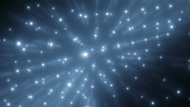 Animation blue background with lens flare rays with stars. Explosion star, energy burst. Seamless loop.