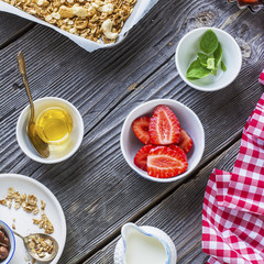 Healthy breakfast. Granola, fresh strawberry and yogurt