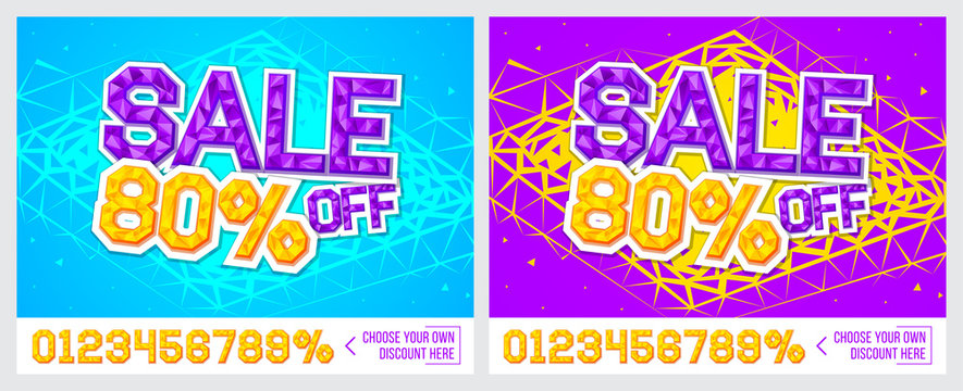 80% off. Sale banner on colorful background. Sale poster. Geometric design. Super Sale and special offer. Vector illustration.