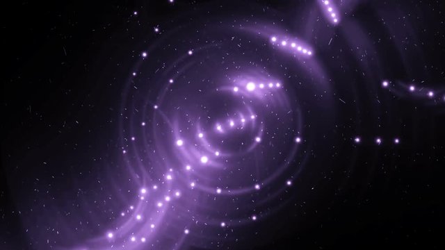 Abstract motion violet background with particles and stars on a black background. Abstract animated motion background of spinning spheres with lines. Seamless loop.