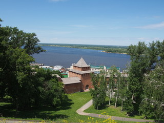 Ивановская башня нижегородского кремля. Вид на Волгу.