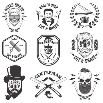 Barber shop emblems. Set of the barber tools. Different hairstyl
