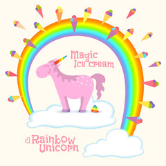Magical unicorn standing on cloud under rainbow creates ice cream. Vector illustration - 113836710