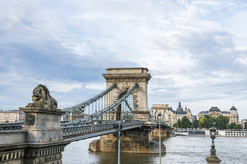 Lions on the Chain bridge in Budapest, Hungary.