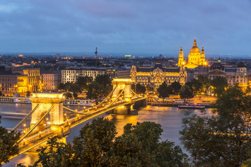 Night view of Chain Bridge on the Danube river and the city of Pest from Buda Castl. Budapest