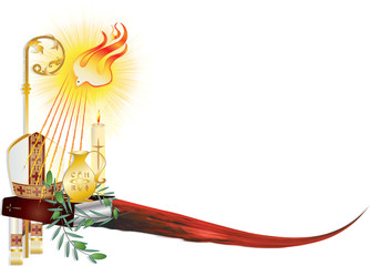 Fototapeta premium Sacrament of Confirmation, symbolic vector drawing illustration, with the holy olive oil and olive branch, a bishop's pastoral staff and mitre, a dove - symbol of the Holy Spirit.