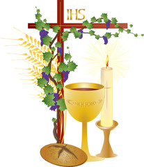 Eucharist symbols of bread and wine, cross, chalice and host with wheat ears and grapes vine. FIrst communion christian color vector illustration.
