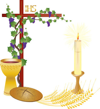 Eucharist symbols of bread and wine, cross, chalice and host with wheat ears and grapes vine. FIrst communion christian color vector illustration.