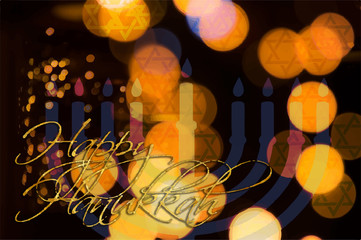 Nine Candles and Stars of David on abstract bokeh background - happy Hanukkah menorah