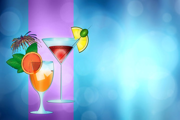 Two cocktail glasses with copy space for text. Abstract artistic background. Concept of summer holidays, relax, drink. Price list or party invitation background.