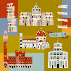 Sights of Tuscany. Florence, Lucca, Pisa, Siena, Italy, Europe. Seamless background pattern. - obrazy, fototapety, plakaty