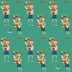 Boys and girls with stacks of books. I love school. Seamless background pattern.