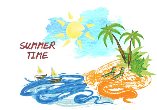 Artistic abstract watercolor style painting of a tropical summer scenery, with sand beach, palm trees, sun and ocean or sea with sailing boats. Concept of summer holidays, vacation, tourism.