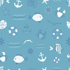 Marine seamless pattern. Vector sea background with cute doodle fish, anchor, seagull, crab. Can be used for wallpaper, kids textile, web page design, backgrounds. 