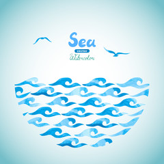 Watercolor sea vector background. Abstract blue waves and seagulls. Marine theme illustration. 