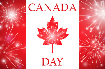 Happy Canada Day card. Canada flag, fireworks, red maple leaf. Vector illustration - 113839978
