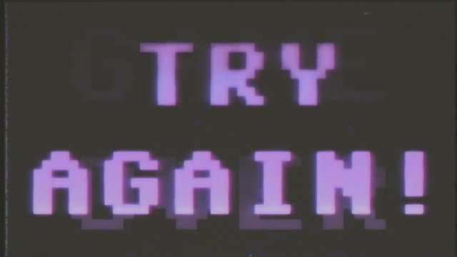 A videogame ending screen, saying Game over - Try again - Insert coin. 8-bit retro style. Treated as it's from an old VHS cassette tape.