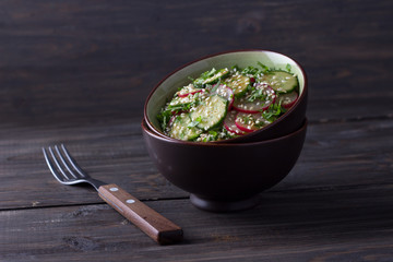 Oriental salad with radishes, cucumber, cilantro and sesame seeds in a ceramic bowl on dark wooden background, selective focus 
