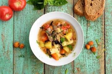 Chorba soup with lamb ribs, potato, carrots and dried apricots s