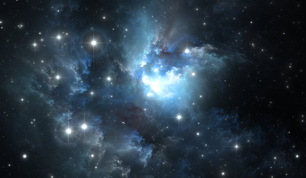 Giant glowing nebula. Space background with blue nebula and stars