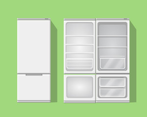 Illustration grey opened and closed empty refrigerator.Vector fridge icon