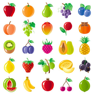 Vegetarian food icon set with organic fruits, vegetables, berries. Macro style icons collection. Apple fruit, papaya icon, watermelon berry, pineapple icon, lemon fruit, kiwi, strawberry, grapes icon