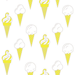 Ice cream vector seamless pattern. Summer ice dessert collection. Waffle cone, popsicle and sundae pop art icon background for wrap and textile.