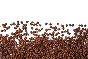Roasted Coffee Beans background texture isolated on white background with copy space for text. top view
