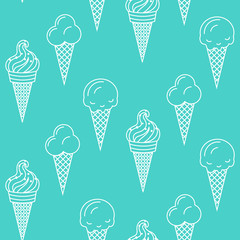 Ice cream vector seamless pattern. Summer ice dessert collection. Waffle cone, popsicle and sundae line art icon background for wrap and textile. White on turquoise.