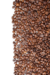Roasted coffee beans pile from top on white background. Coffee background or texture concept.