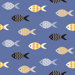Vector black and white fish seamless pattern. School of fish in rows on blue ocean pattern. Summer marine theme.