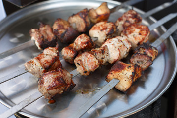 Beef kebab. Fresh meat at grill, bbq