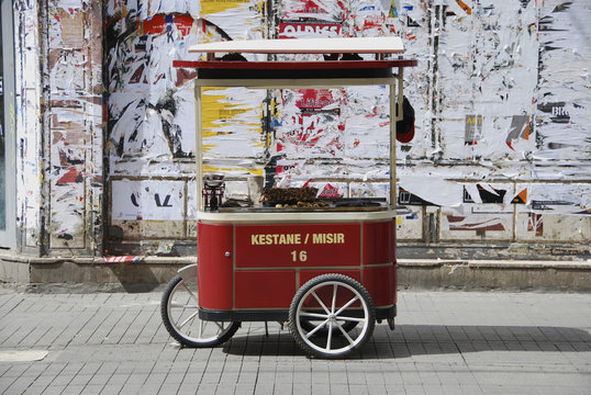 Vending cart for roasted chestnuts in Istanbul, Turkey