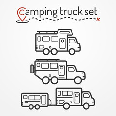 Set of camping truck icons. Travel truck symbols in silhouette line style. Camping trucks vector stock illustration. Heavy trucks with camping equipment.