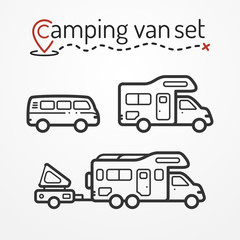 Set of camping van icons. Travel van symbols in silhouette line style. Camping vans vector stock illustration. Vans and RVs with camping equipment. - 113844726