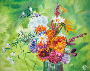 Oil painting. Colorful bouquet of summer flowers