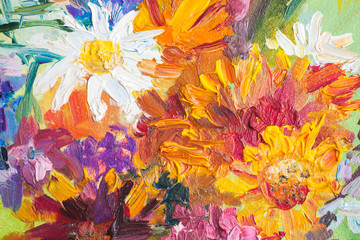 Oil painting, closeup fragment. Colorful bouquet