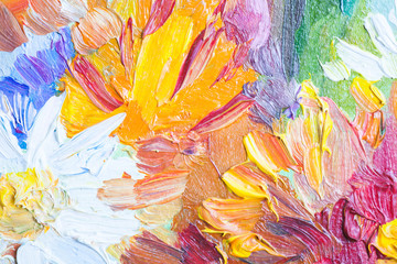 Oil painting, closeup fragment with colorful bouquet