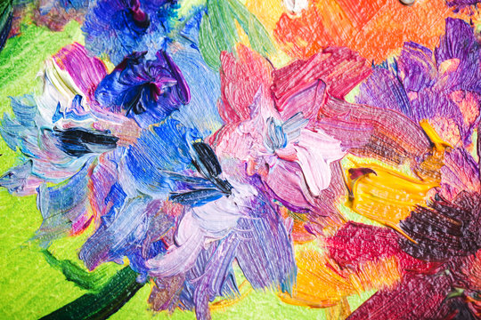Oil painting, fragment with colorful flowers