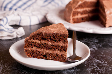 Delicious chocolate cake on plate on table