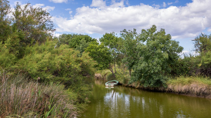 Fototapeta na wymiar Sur un canal, une barque et des arbres bordant la rivière