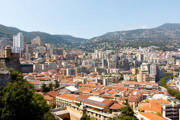 Fototapeta na wymiar Skyline of Monte Carlo in Monaco on the French Riviera. Horizontal with copy space for text 