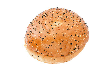 Burger bun with sesame seeds on white background