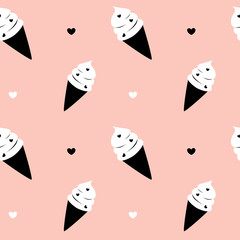 black white pink cute ice cream seamless vector pattern background illustration

