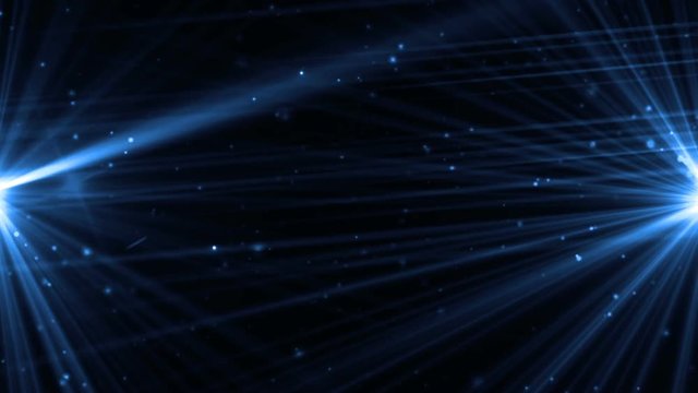 Animation blue background with lens flare rays in dark background sky and stars. Seamless loop.