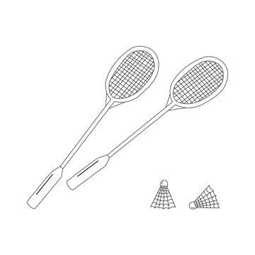 Badminton racket and shuttlecocks icon in black on white. Hand drawn illustration