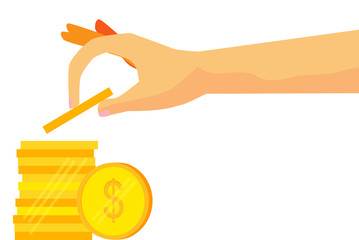 illustration for woman invest her money (golden dollar coins), isolated on white
