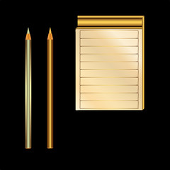 Gold and silver pencils with Notepad in the background. Vector illustration.